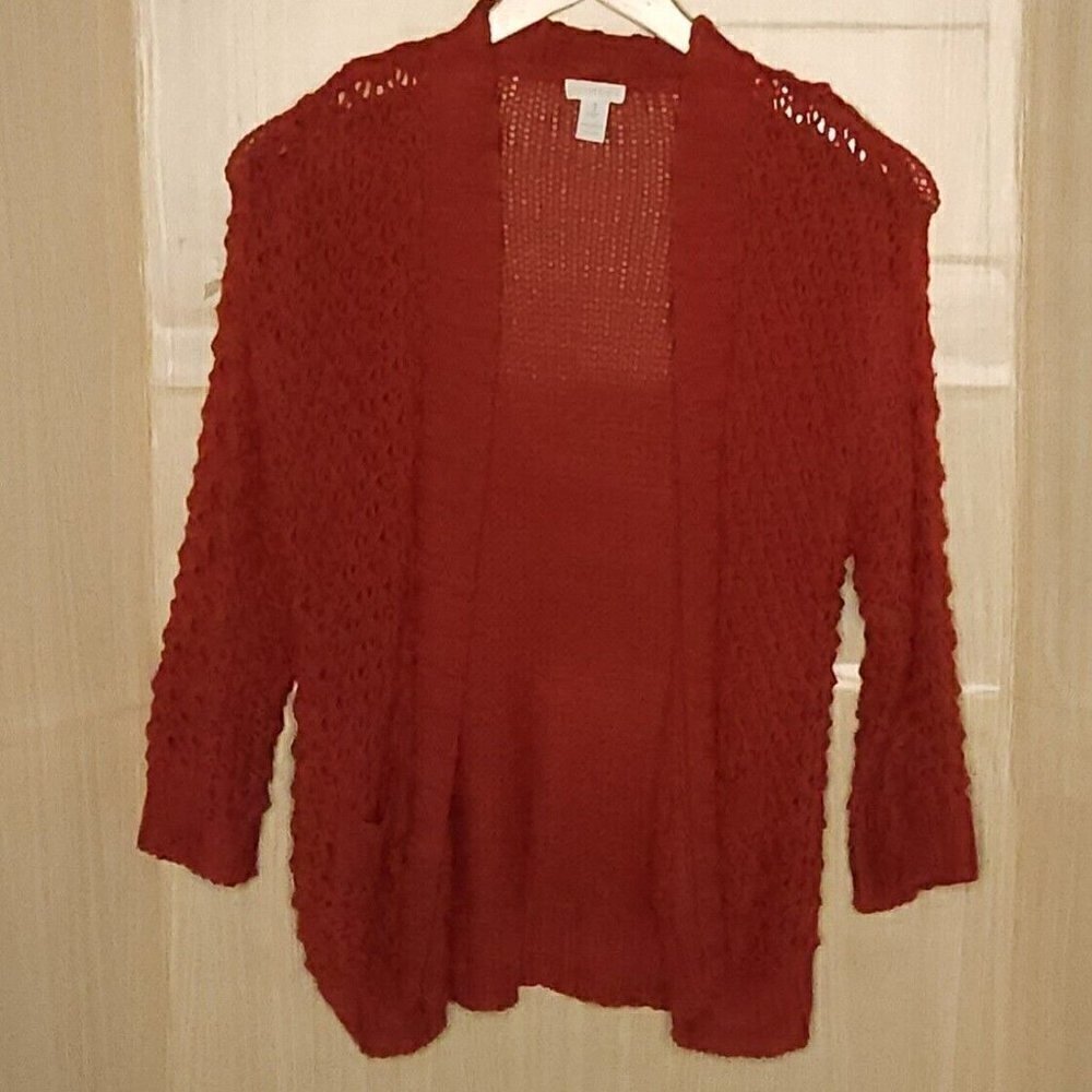 Chico's Women’s Red Crochet Textured Open Front Cardigan Medium